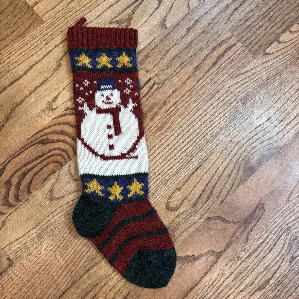 Vintage Russ Knit Snowman Christmas Stocking Wool Blend Red Blue‎ Nordic Holiday